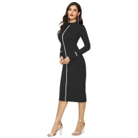 Women's Knitting strachable Solid Round Neck Full Sleeve Dresses (Black) - L