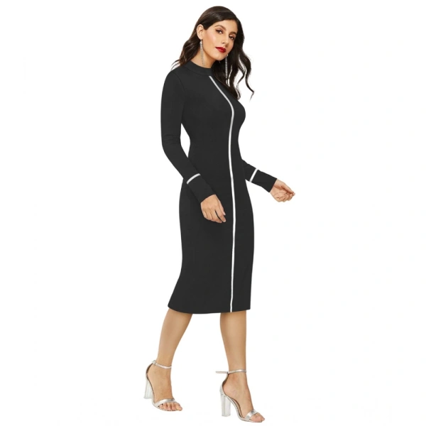 Women's Knitting strachable Solid Round Neck Full Sleeve Dresses (Black) - L