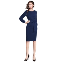 Women's Knitting strachable Solid Round Neck Full Sleeve Dresses (Blue) - L