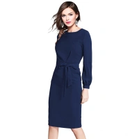 Women's Knitting strachable Solid Round Neck Full Sleeve Dresses (Blue) - L