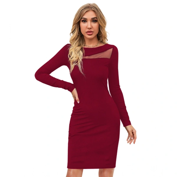 Women's Knitting strachable Solid Round Neck Full Sleeve Dresses (Maroon) - XL