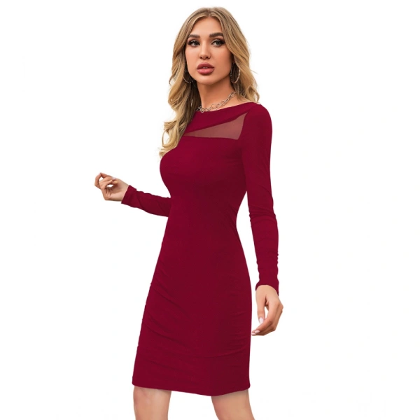 Women's Knitting strachable Solid Round Neck Full Sleeve Dresses (Maroon) - XL