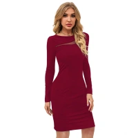 Women's Knitting strachable Solid Round Neck Full Sleeve Dresses (Maroon) - XL