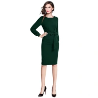 Women's Knitting strachable Solid Round Neck Full Sleeve Dresses (Green) - L