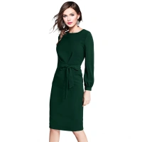 Women's Knitting strachable Solid Round Neck Full Sleeve Dresses (Green) - L