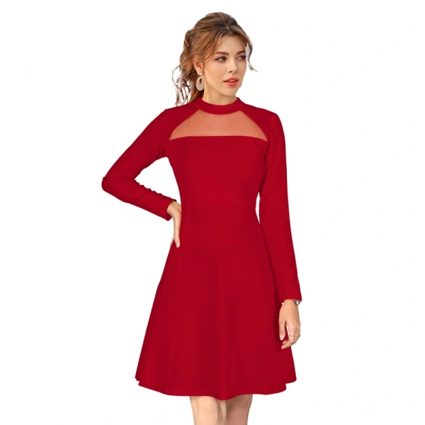 Women's Knitting strachable Solid Round Neck Full Sleeve Dresses (Red) - M