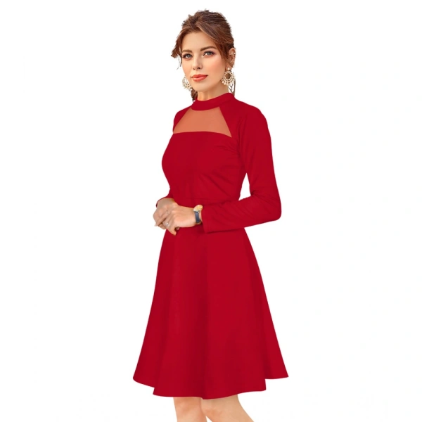 Women's Knitting strachable Solid Round Neck Full Sleeve Dresses (Red) - M