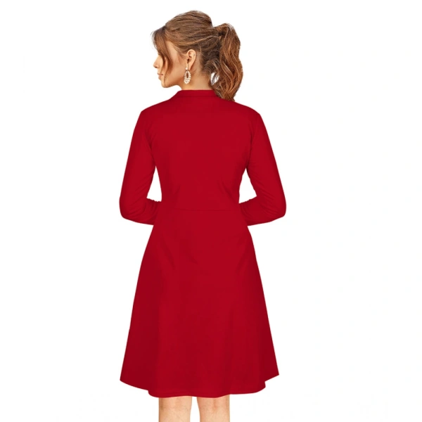 Women's Knitting strachable Solid Round Neck Full Sleeve Dresses (Red) - M