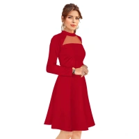Women's Knitting strachable Solid Round Neck Full Sleeve Dresses (Red) - M