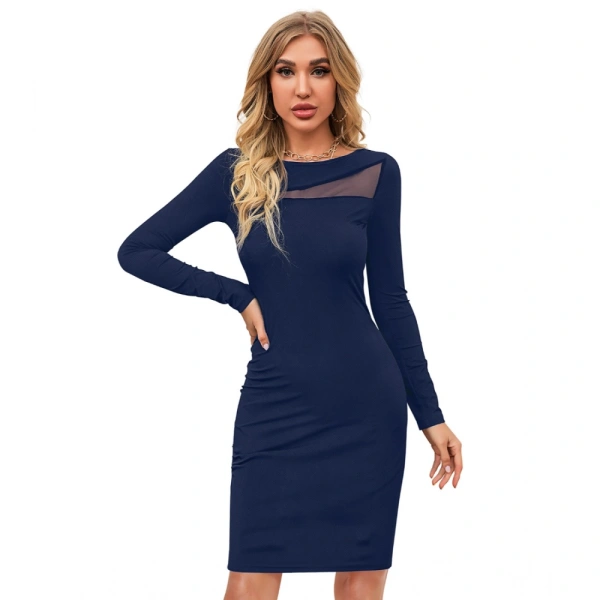 Women's Knitting strachable Solid Round Neck Full Sleeve Dresses (Blue ) - L