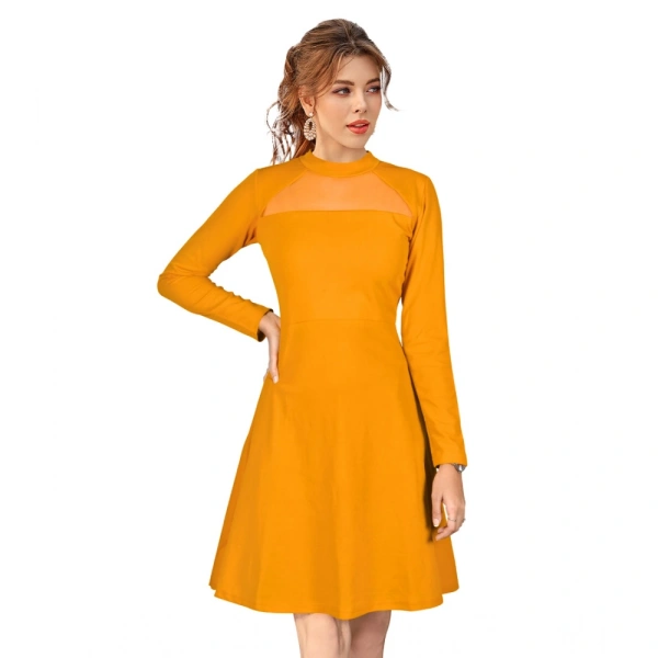 Women's Knitting strachable Solid Round Neck Full Sleeve Dresses (Yellow) - M