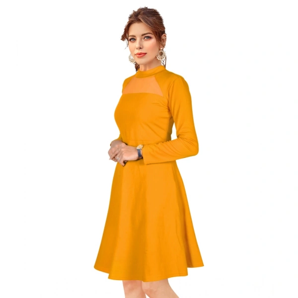 Women's Knitting strachable Solid Round Neck Full Sleeve Dresses (Yellow) - M