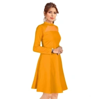 Women's Knitting strachable Solid Round Neck Full Sleeve Dresses (Yellow) - M