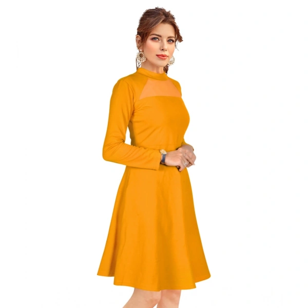 Women's Knitting strachable Solid Round Neck Full Sleeve Dresses (Yellow) - M