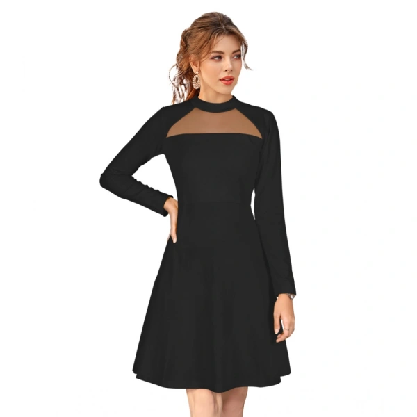 Women's Knitting strachable Solid Round Neck Full Sleeve Dresses (Black) - S