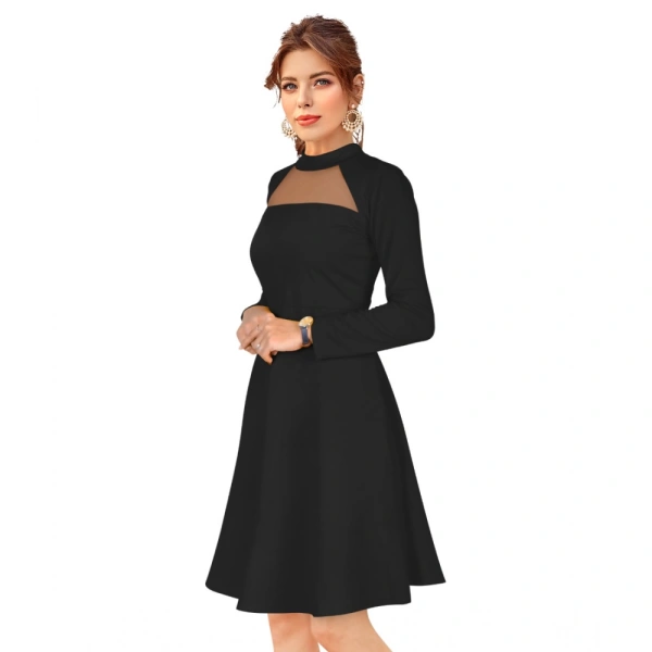 Women's Knitting strachable Solid Round Neck Full Sleeve Dresses (Black) - S