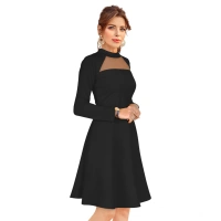 Women's Knitting strachable Solid Round Neck Full Sleeve Dresses (Black) - S