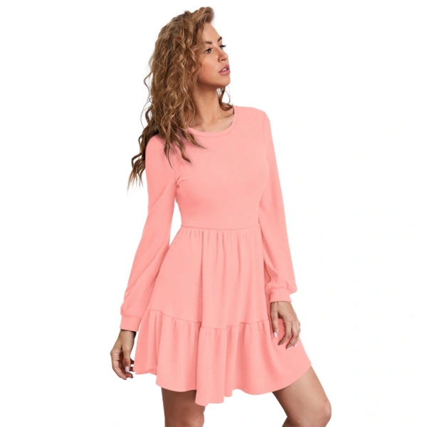 Women's Knitting strachable Solid Round Neck Full Sleeve Dresses (Peach) - M