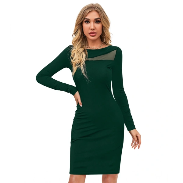 Women's Knitting strachable Solid Round Neck Full Sleeve Dresses (Green ) - M