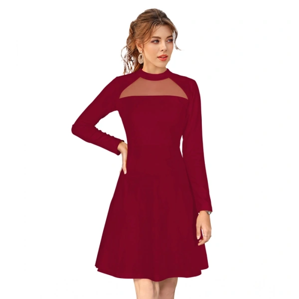 Women's Knitting strachable Solid Round Neck Full Sleeve Dresses (Maroon) - S