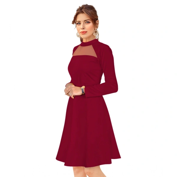 Women's Knitting strachable Solid Round Neck Full Sleeve Dresses (Maroon) - S
