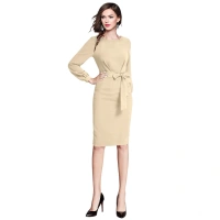 Women's Knitting strachable Solid Round Neck Full Sleeve Dresses (Beige ) - M