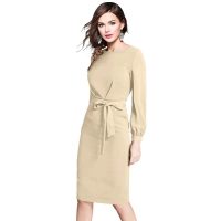 Women's Knitting strachable Solid Round Neck Full Sleeve Dresses (Beige ) - M