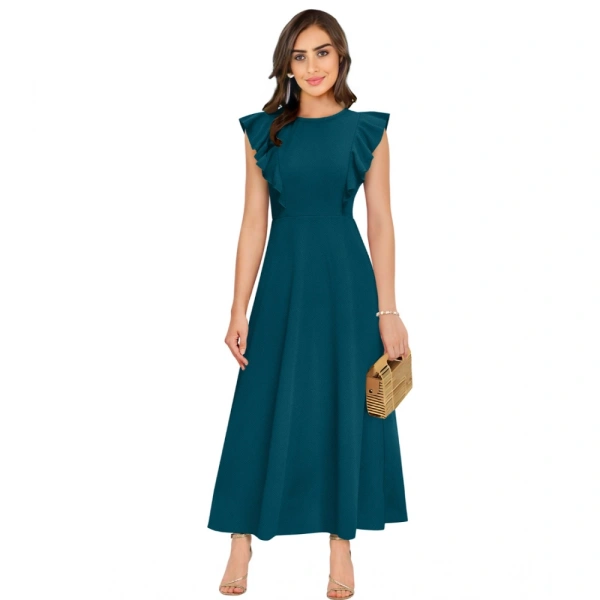 Women's Knitting strachable Solid Round Neck Ruffled Sleeve Dresses (Morpich) - L
