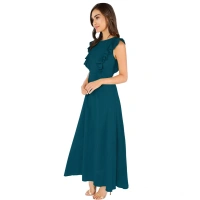 Women's Knitting strachable Solid Round Neck Ruffled Sleeve Dresses (Morpich) - L