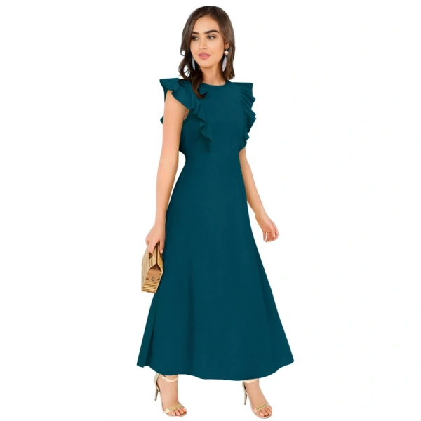 Women's Knitting strachable Solid Round Neck Ruffled Sleeve Dresses (Morpich) - L