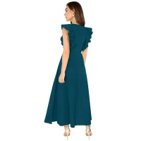 Women's Knitting strachable Solid Round Neck Ruffled Sleeve Dresses (Morpich) - L
