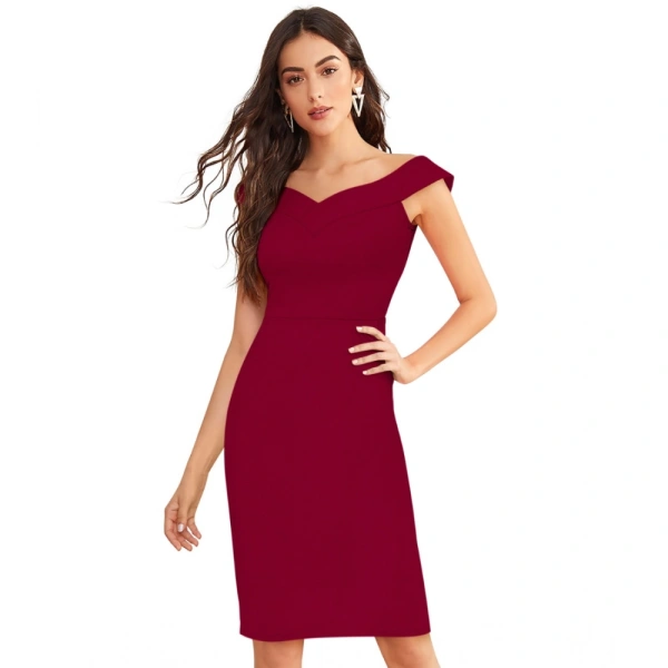 Women's Knitting strachable Solid Round Neck Sleeveless Dresses (Maroon) - XL