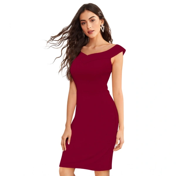 Women's Knitting strachable Solid Round Neck Sleeveless Dresses (Maroon) - XL