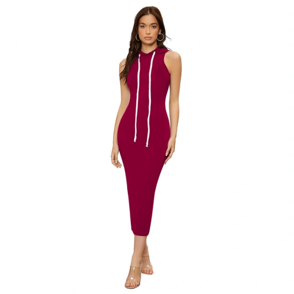 Women's Knitting strachable Solid Round Neck Sleeveless Dresses (Maroon) - L