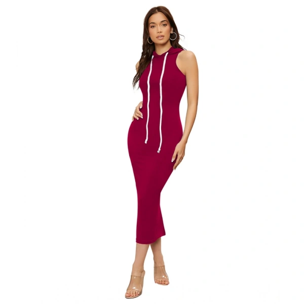 Women's Knitting strachable Solid Round Neck Sleeveless Dresses (Maroon) - L