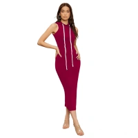 Women's Knitting strachable Solid Round Neck Sleeveless Dresses (Maroon) - L
