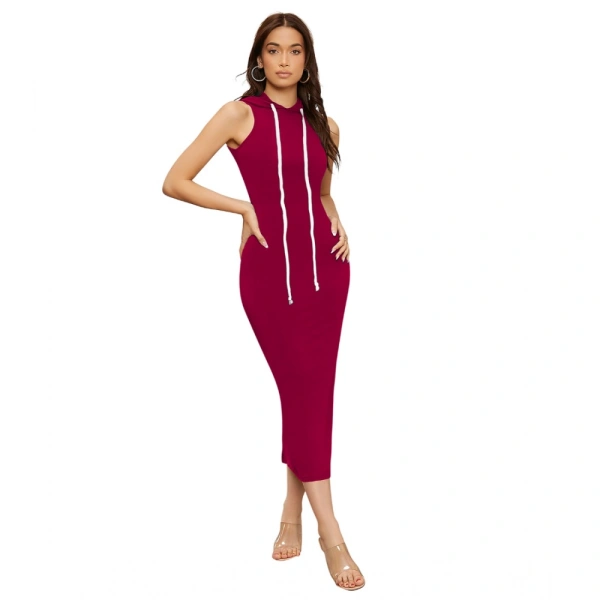 Women's Knitting strachable Solid Round Neck Sleeveless Dresses (Maroon) - L