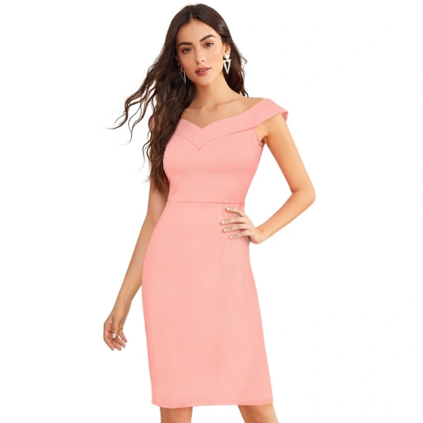 Women's Knitting strachable Solid Round Neck Sleeveless Dresses (Peach) - S
