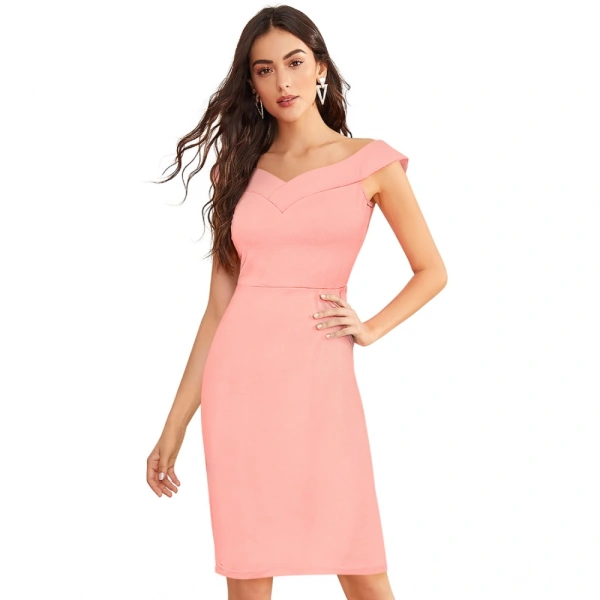 Women's Knitting strachable Solid Round Neck Sleeveless Dresses (Peach) - S