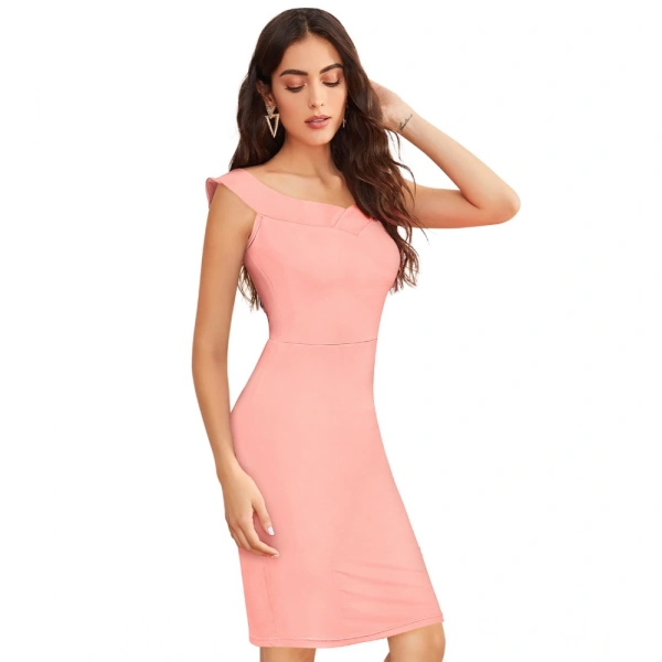 Women's Knitting strachable Solid Round Neck Sleeveless Dresses (Peach) - S