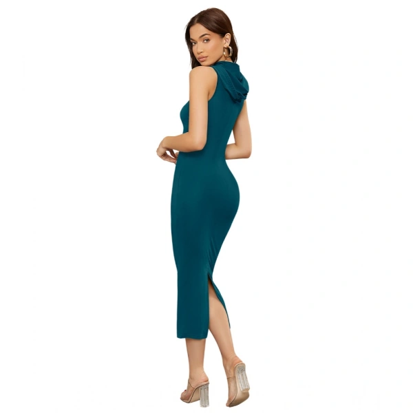 Women's Knitting strachable Solid Round Neck Sleeveless Dresses (Morpich) - M