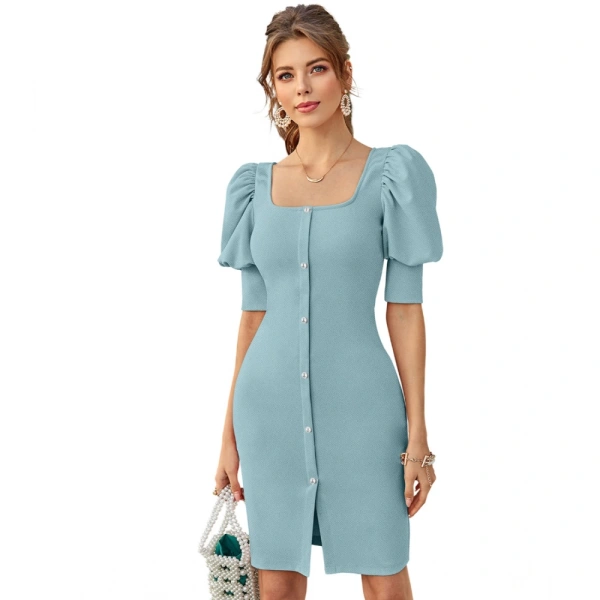 Women's Knitting strachable Solid Square Neck 3-4 Puff Sleeve Dresses (Pista) - L