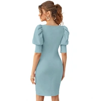 Women's Knitting strachable Solid Square Neck 3-4 Puff Sleeve Dresses (Pista) - L