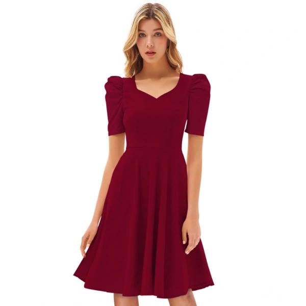 Women's Knitting strachable Solid V Neck Cap Sleeve Dresses (Maroon) - XL