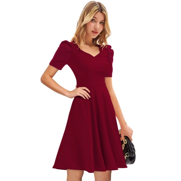 Women's Knitting strachable Solid V Neck Cap Sleeve Dresses (Maroon) - XL