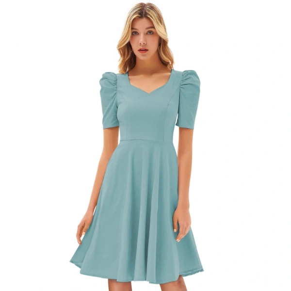 Women's Knitting strachable Solid V Neck Cap Sleeve Dresses (Pista) - XL