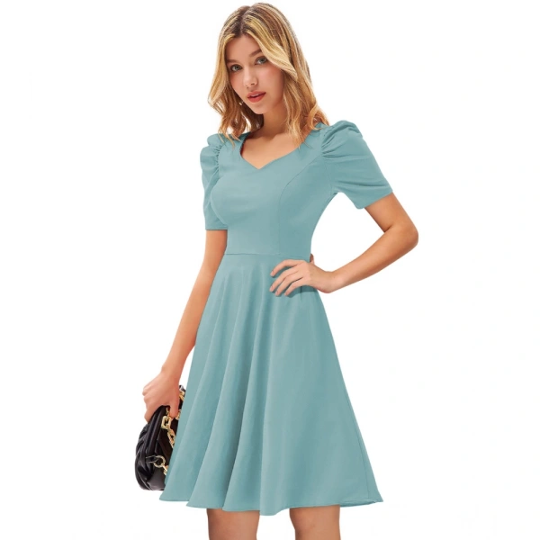 Women's Knitting strachable Solid V Neck Cap Sleeve Dresses (Pista) - XL
