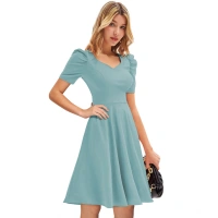 Women's Knitting strachable Solid V Neck Cap Sleeve Dresses (Pista) - XL