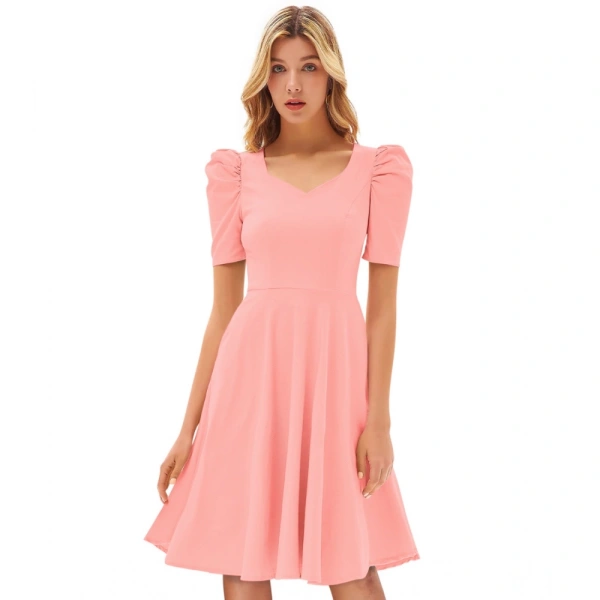 Women's Knitting strachable Solid V Neck Cap Sleeve Dresses (Peach) - XL