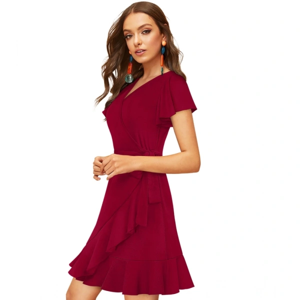 Women's Knitting strachable Solid V Neck Flaired Sleeve Dresses (Maroon ) - XL
